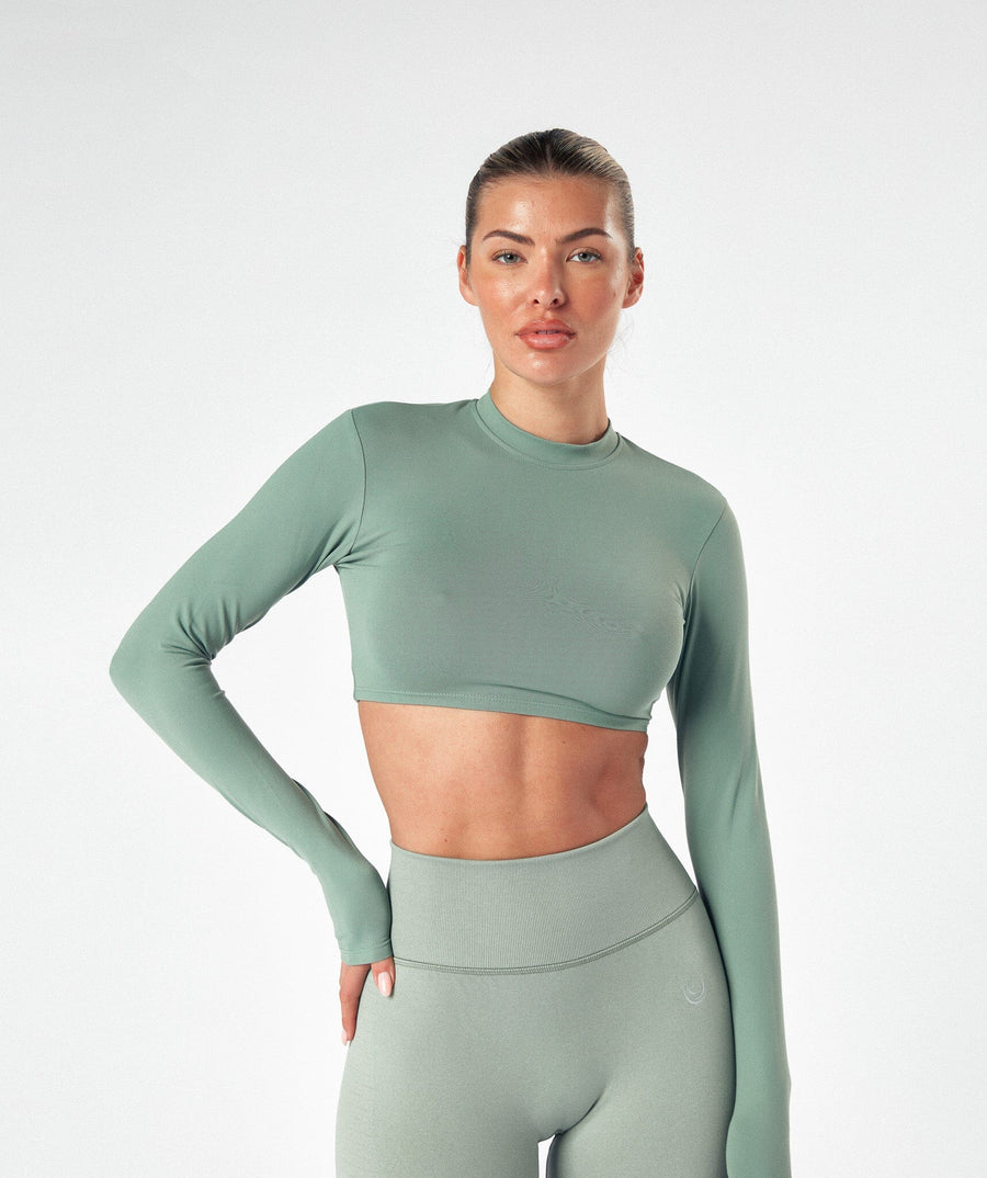 High Neck Open Back Long Sleeve Top Misty Green 