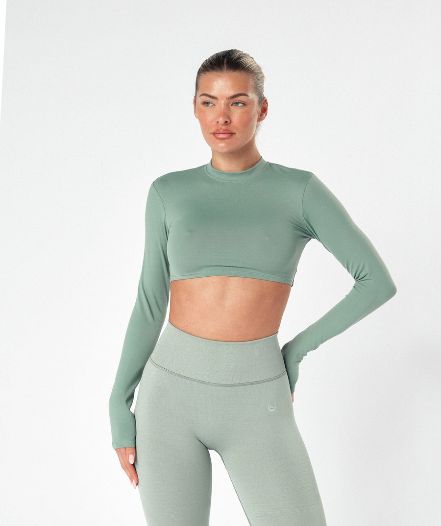 High Neck Open Back Long Sleeve Top Misty Green 